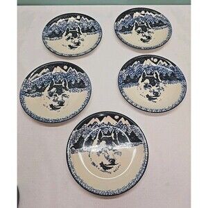 Set of 5 VTG WOLF by TIENSHAN FOLK CRAFT 7 5/8' Salad Dessert Plates Blue**READ*